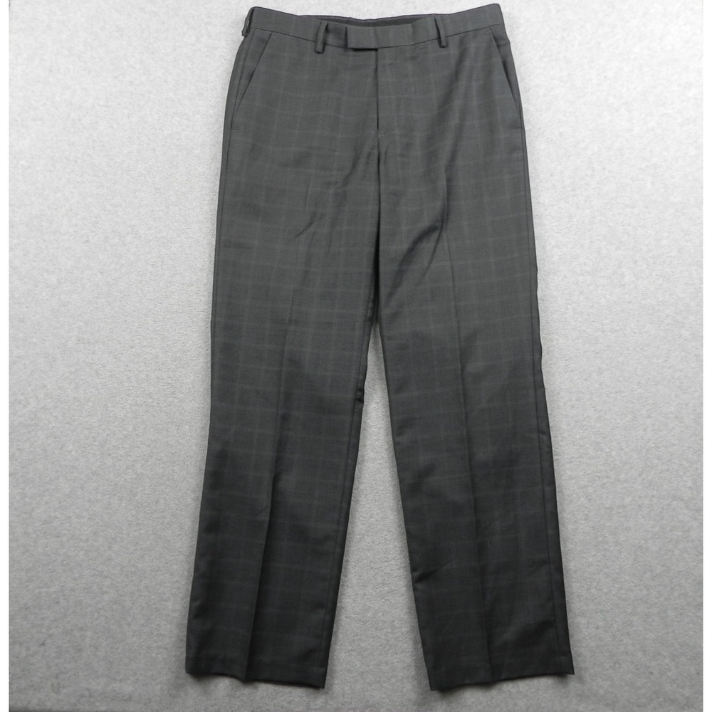 Kenneth Cole Reaction Pants Mens 34x32 Dress Suit Formal Flat Front Gray Plaid